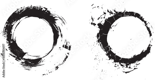 Abstract black ink grunge brush circles with textured edges in distressed style on white background, evoking artistic imperfection, energy flow and creative symbolism.