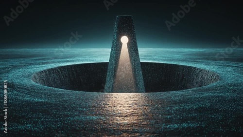 A dark scene showing a hole in an expanse of shimmering particles with a keyhole-like structure