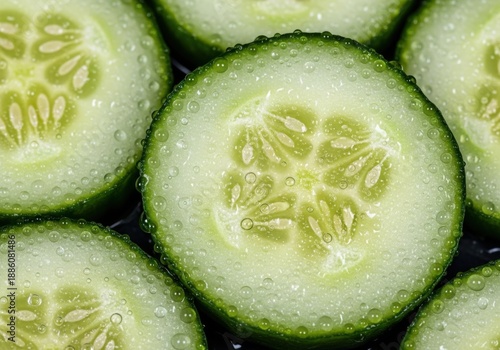 Macro shot capturing juicy cucumber slices with sparkling water droplets highlighting textures on a dark background