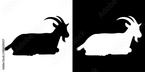 Silhouette of a goat lying down, black and white.