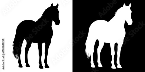 Silhouette of a Horse Standing Still on a White and Black Background.