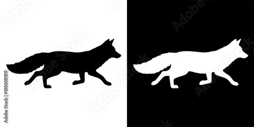 Silhouette of a fox walking, black and white contrast.