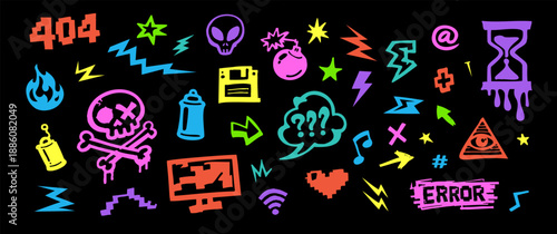 Set of neon graffiti street art doodles on black featuring retro tech, skulls, and glitchy internet icons in a rebellious cyberpunk style.