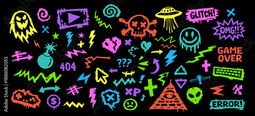 Neon graffiti doodle set with retro gaming icons, skulls, and pop art elements in vibrant colors on a black background.