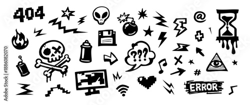 Collection of black and white graffiti style doodles featuring skull, lightning, bomb, retro tech, and internet error icons on white background.