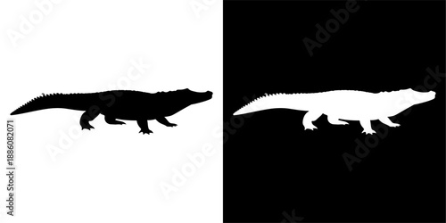 Silhouette of an alligator in black and white.