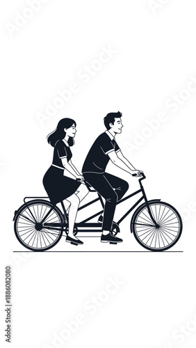 Young couple riding tandem bicycle together.