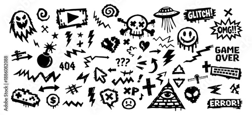 Set of hand-drawn graffiti style doodles, urban streetwear icons, and retro gaming elements in black ink on a white background.
