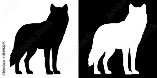 Silhouette of a wolf standing on a white and black background.
