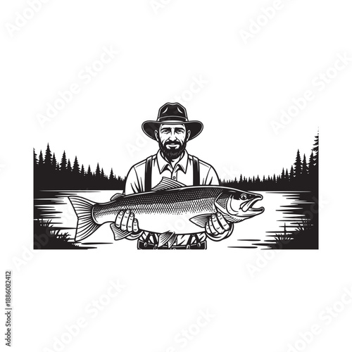 Fisherman Holding Large Fish Vector Illustration Design