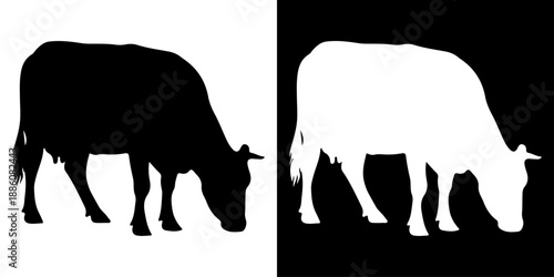 Silhouette of a cow grazing on a white and black vector illustration.