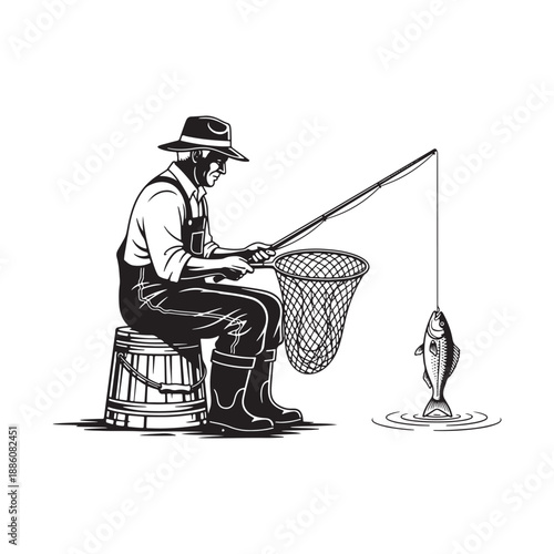 Fisherman Catching Fish with Net Illustration - Black White