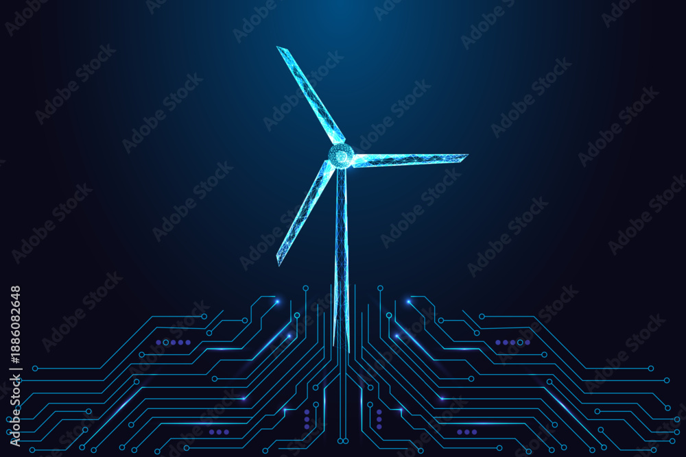 Fototapeta premium Digital Wind Turbine over circuit lines. Renewable Energy Green Power Tech Futuristic Vector Design