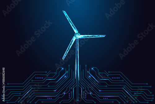 Digital Wind Turbine over circuit lines. Renewable Energy Green Power Tech Futuristic Vector Design