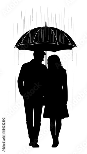Couple standing under an umbrella.