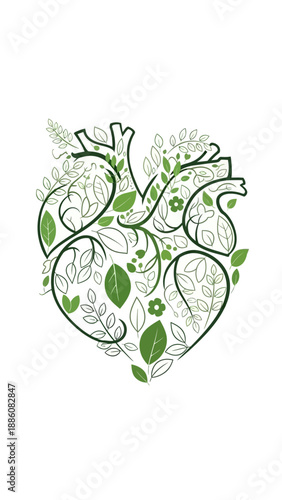 Anatomical Heart with Green Leaves Inside.
