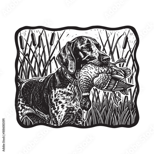 Hunting Dog with Pheasant Illustration - Black and White Vector