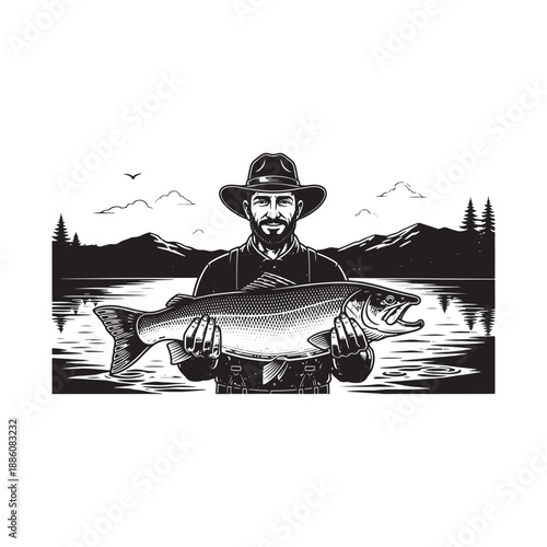 Fisherman with Salmon Vector Illustration on White Background