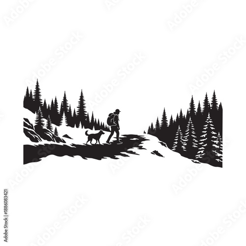 Hiker with Dog Forest Silhouette Landscape Illustration Design