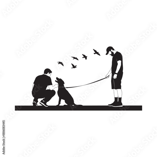 Dog Training Silhouette Illustration with Two Men and Birds