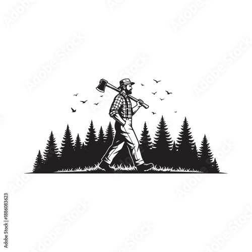 Lumberjack Walking with Axe Forest Silhouette Vector Illustration