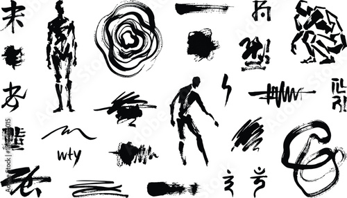 Black ink brush strokes and abstract figures on white background silhouette
