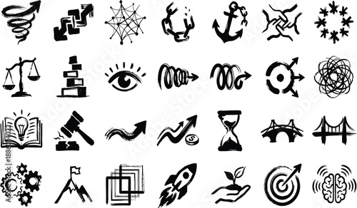 Collection of black ink brush stroke business and finance symbol