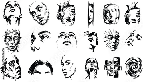 Collection of black ink expressive face and abstract swirl face ink black and white