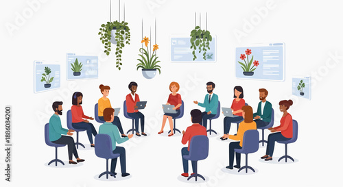 Diverse group of people engaged in a collaborative discussion around a circular table in a modern office environment with plants