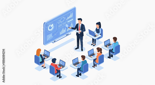 A team leader presenting data analysis to colleagues in a modern office setting with computer screens and a large display board