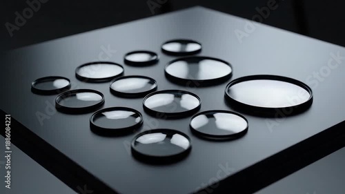 Collection of clear liquid droplets forming perfect spheres on a reflective surface