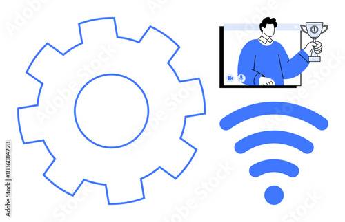 Gear icon, wireless symbol, and video caller holding a trophy representing technology, digital networking, innovation, and achievement. Ideal for teamwork, productivity, tech integration