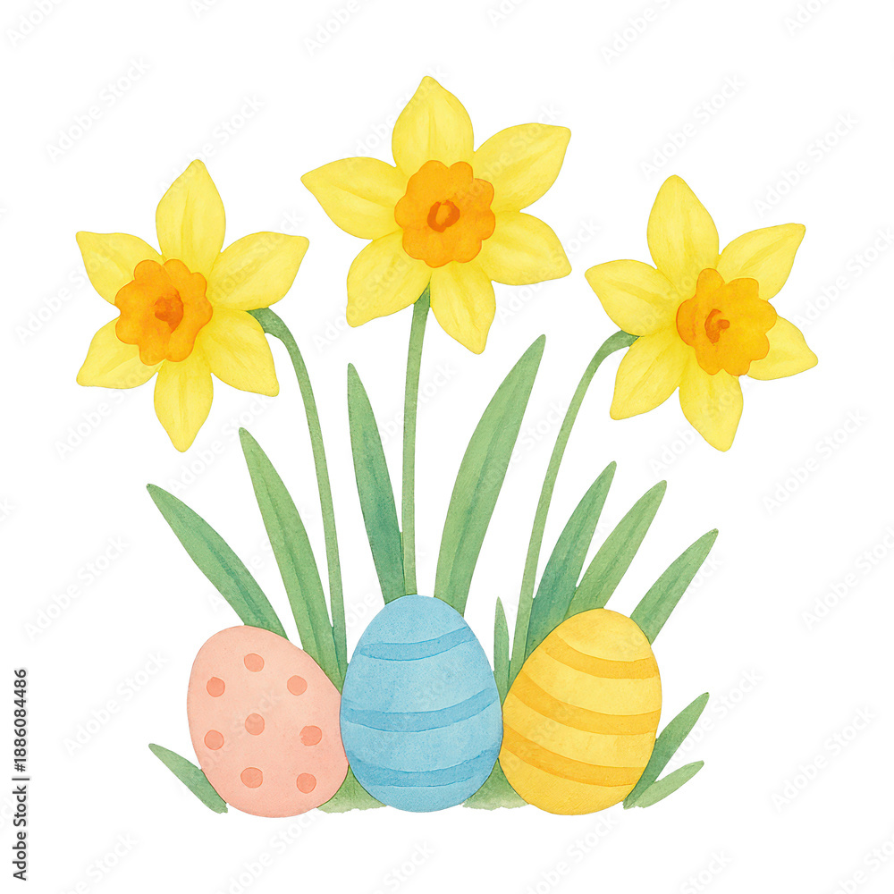 Obraz premium PNG Springtime blooms with colorful eggs.