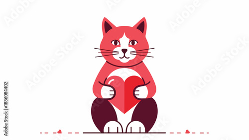 Cute Cat Holding a Red Heart, Illustration on White Background