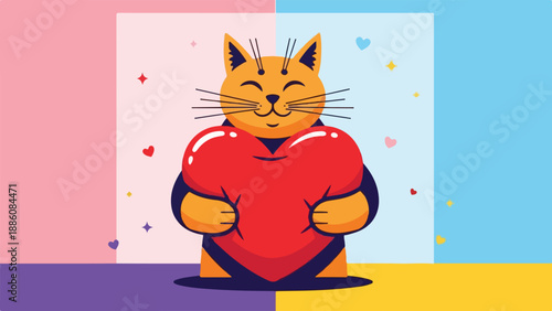 Cute Cat Holding a Red Heart, Romantic Love Illustration