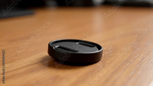 Black lens cap resting on a polished wooden surface, ready for photography.