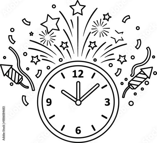 New Year Clock Fireworks Celebration Time.