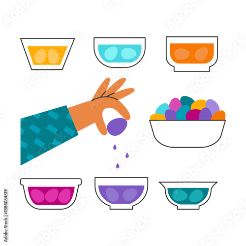 Person dyes easter eggs. Spring traditional celebration. Vibrant colors painting in bowls.