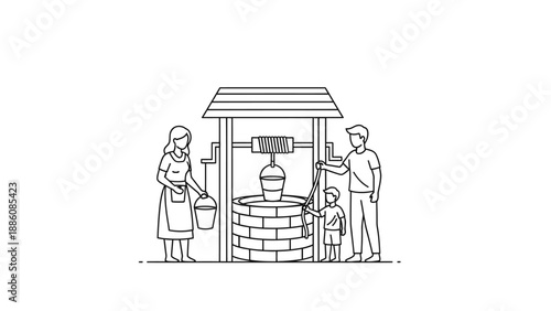 Family at a well house structure.