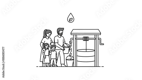 Family Collecting Water From Well.