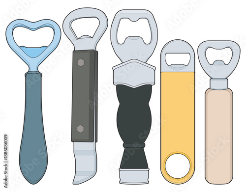 Bottle opener set collection with various handle designs and styles.