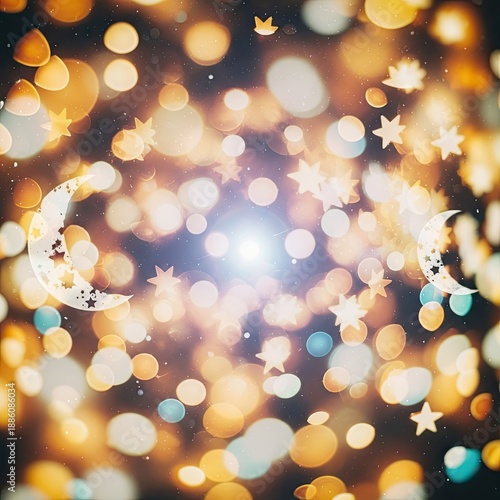 Dreamy golden bokeh background with shimmering crescent moons and twinkling stars, perfect for festive holiday celebrations and celestial-themed designs