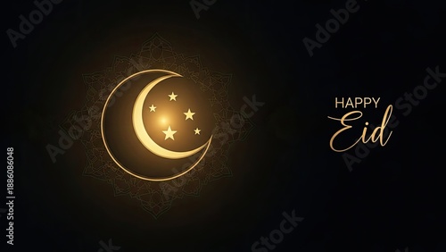 Elegant Gold Crescent Moon and Stars Illustration Celebrating Happy Eid with Festive Islamic Art and Arabic Calligraphy