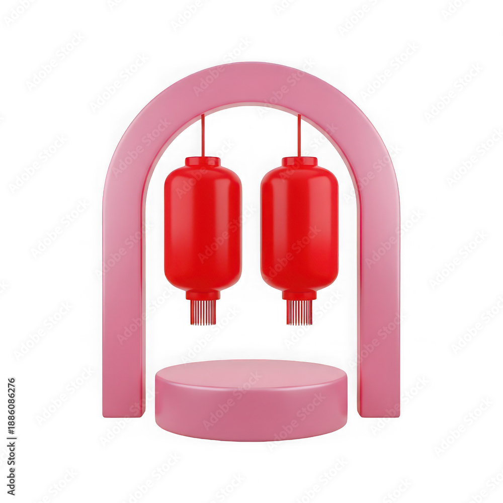 Obraz premium Pink arch with hanging red lanterns