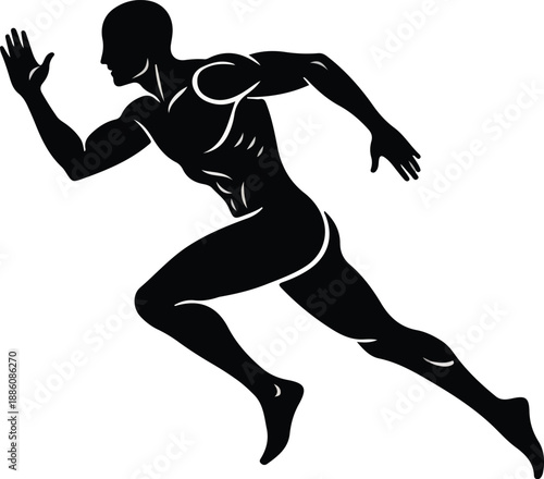 A black and white silhouette of a powerful runner in motion, embodying speed, strength, and the pursuit of goals.