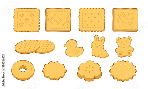 Set of sugar cookies of different shapes. Homemade baking of delicious cookies. Flat vector illustration.