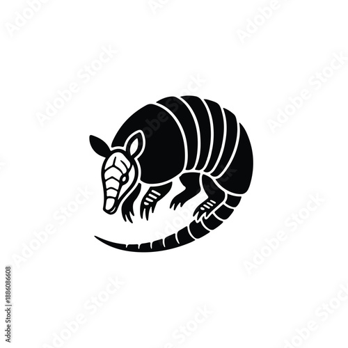 Stylized black armadillo curled up, showcasing its segmented shell and distinctive features on a white background.