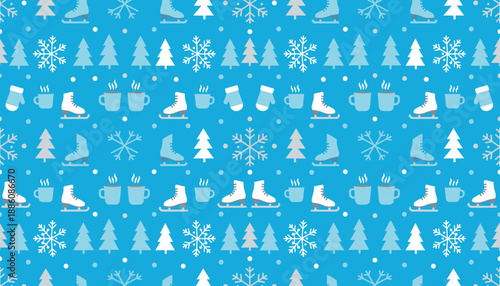 Festive winter pattern with ice skates fir trees snowflakes and steaming mugs on a blue background