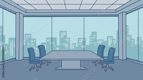 オフィスビルやビジネスオフィス、デスクチェア、会議室、の手書きベクター背景イラスト 16:9 Hand-drawn vector background illustration assets for business offices, desk chairs, and conference rooms.