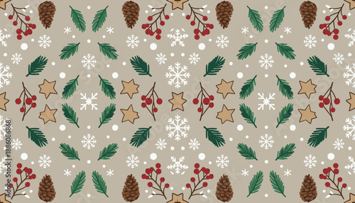 Seamless rustic winter pattern with pine cones holly berries stars and snow motifs